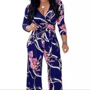 Women’s Blue and Pink Chain Floral Print Jumpsuit Size Small